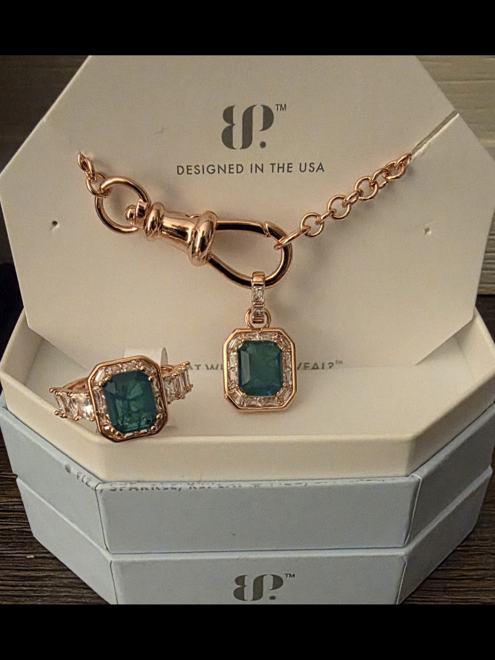 BP Rose Gold Ring and Pendant Set with Deep Green Stones
